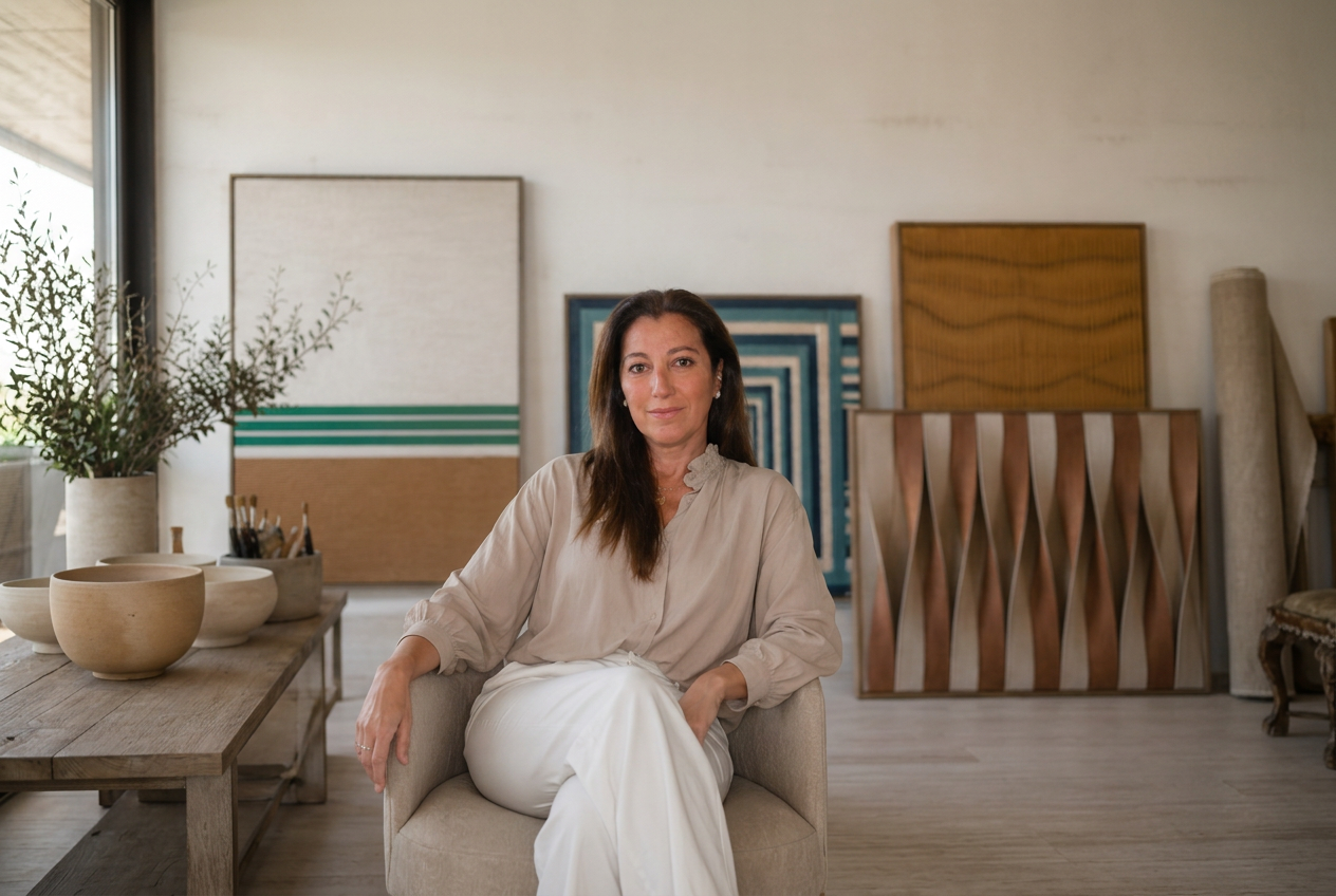 Xanda Franco em seu atelier, rodeada por obras do Studio
